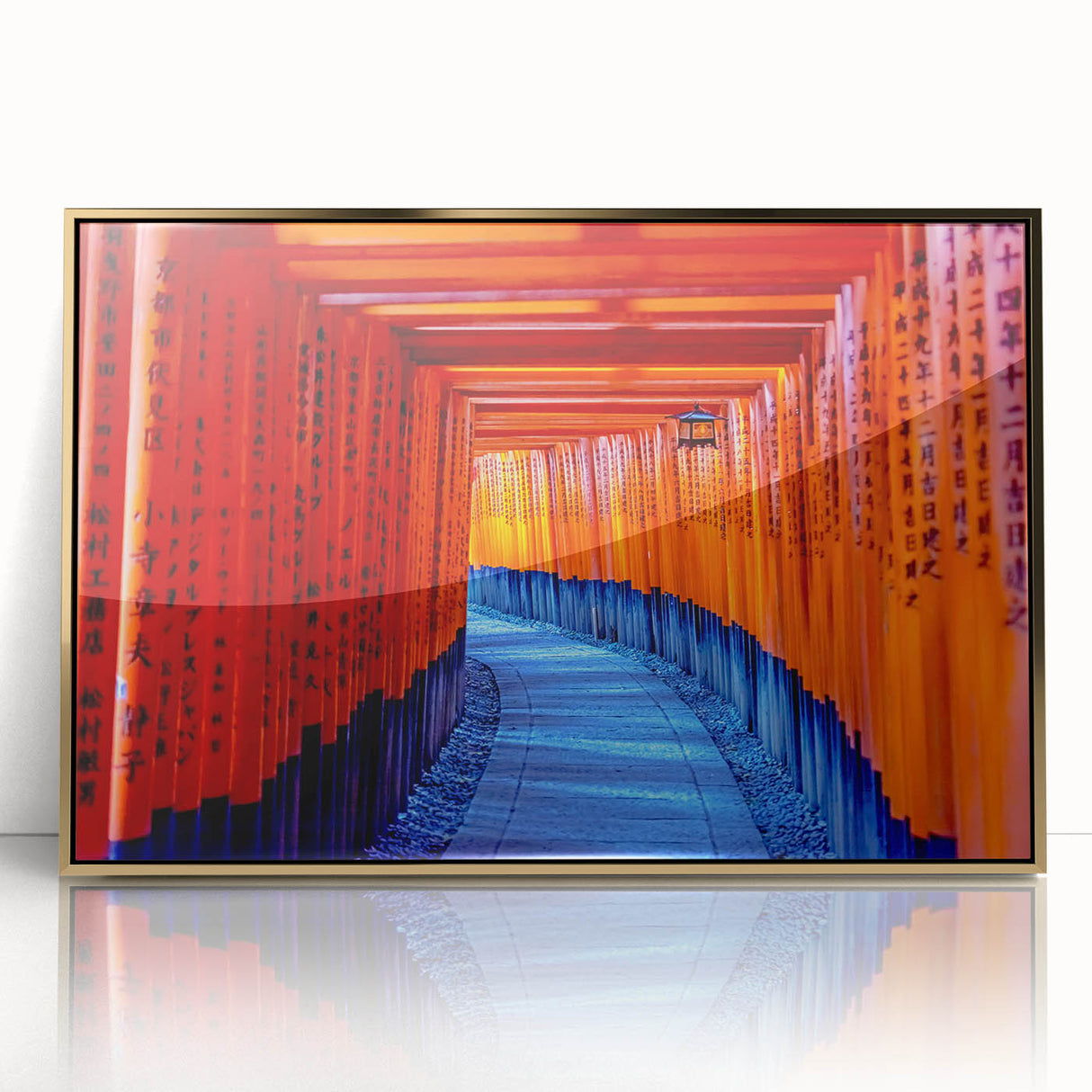 Large art print of a Kyoto scenery in mid-century modernist style, featuring muted gold and green tones on a framed acrylic.