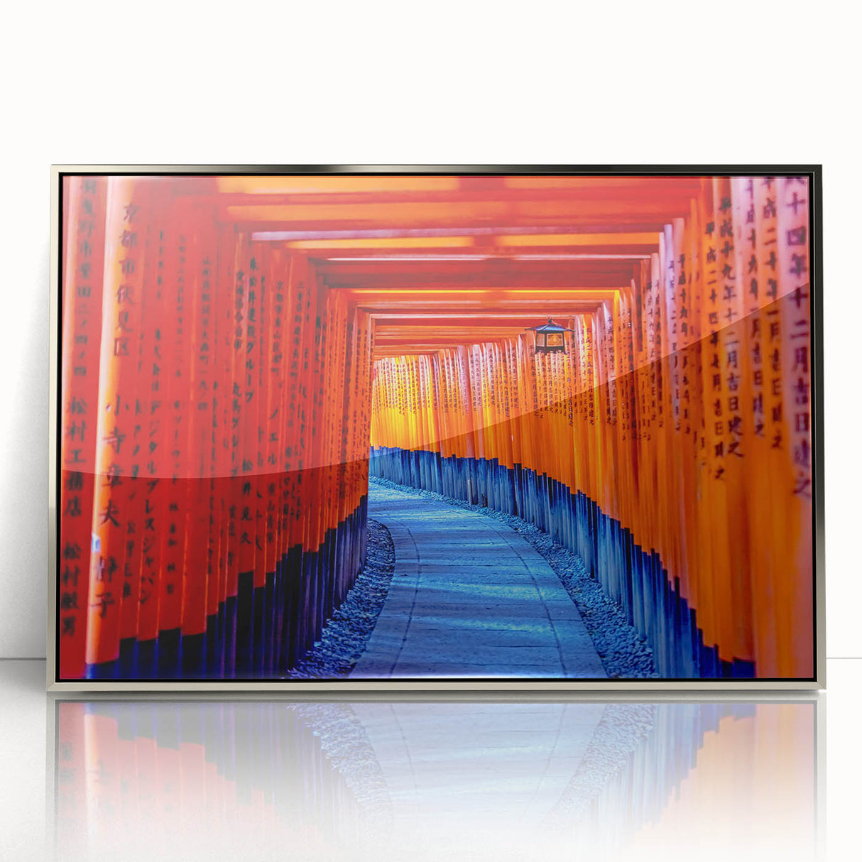 Mid-century modernist art depicting a serene Kyoto landscape in muted earth tones on a framed acrylic print.