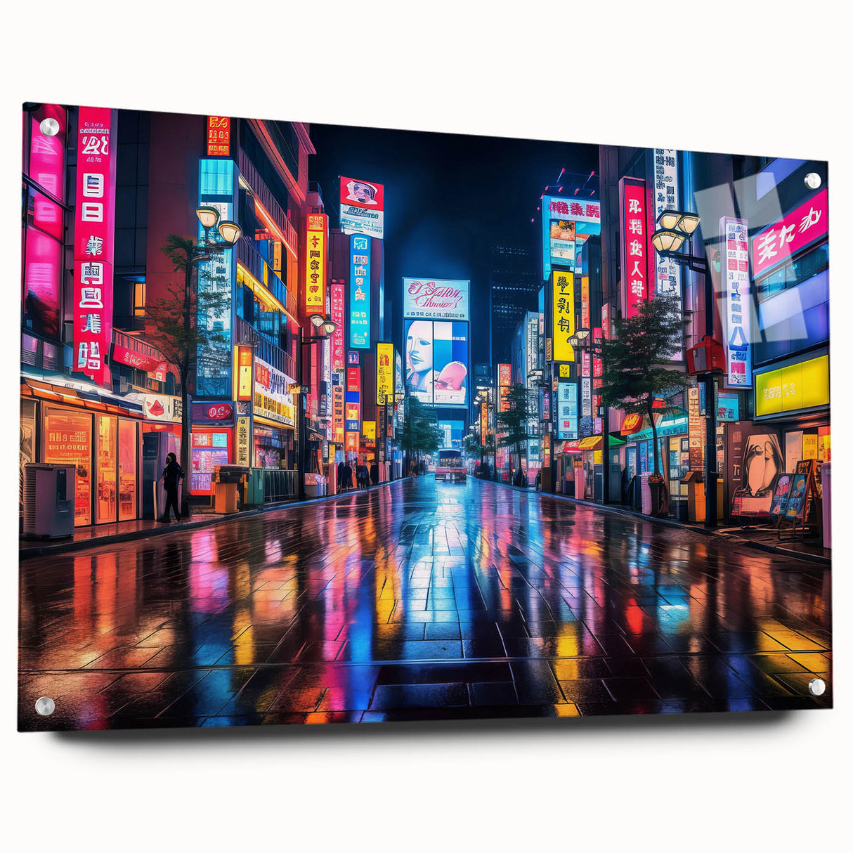 Acrylic print of Tokyo skyline with vibrant colors, ideal for modern bedroom or dining room decor.