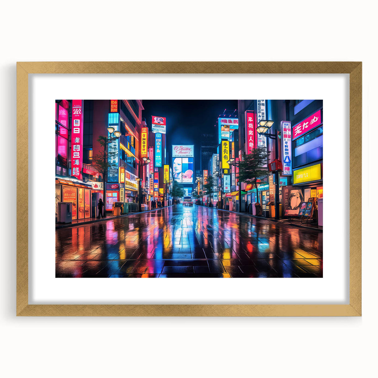 Extra large wall art of an abstract Tokyo skyline in textured gold tones, framed, ideal for living room decor.