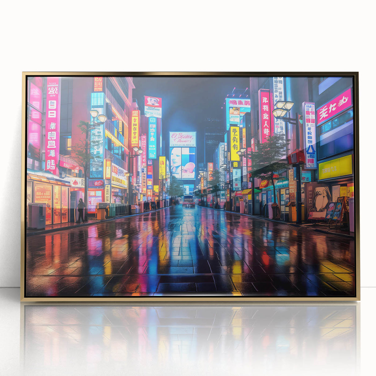 Large art print of Tokyo skyline in gold and black tones, framed acrylic, mid-century modernist style.