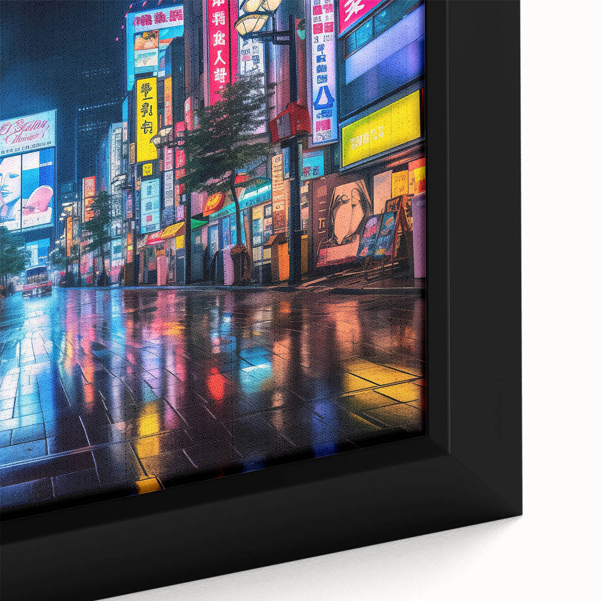 Extra large framed canvas of Tokyo scenery, featuring textured black and colorful art, ideal for living room decor.