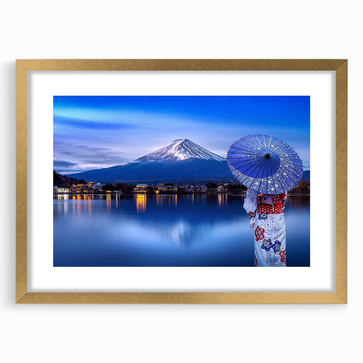 Extra large abstract art print of a serene Japanese landscape in muted earth tones, framed in gold.