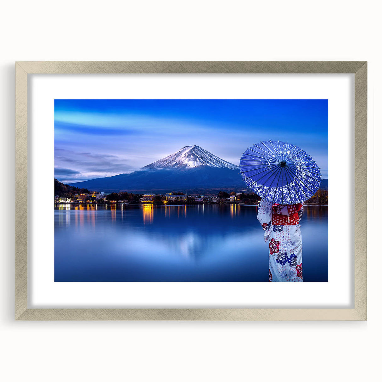 Textured art depicting an abstract Japanese landscape in muted earth tones, framed with a silver mat.