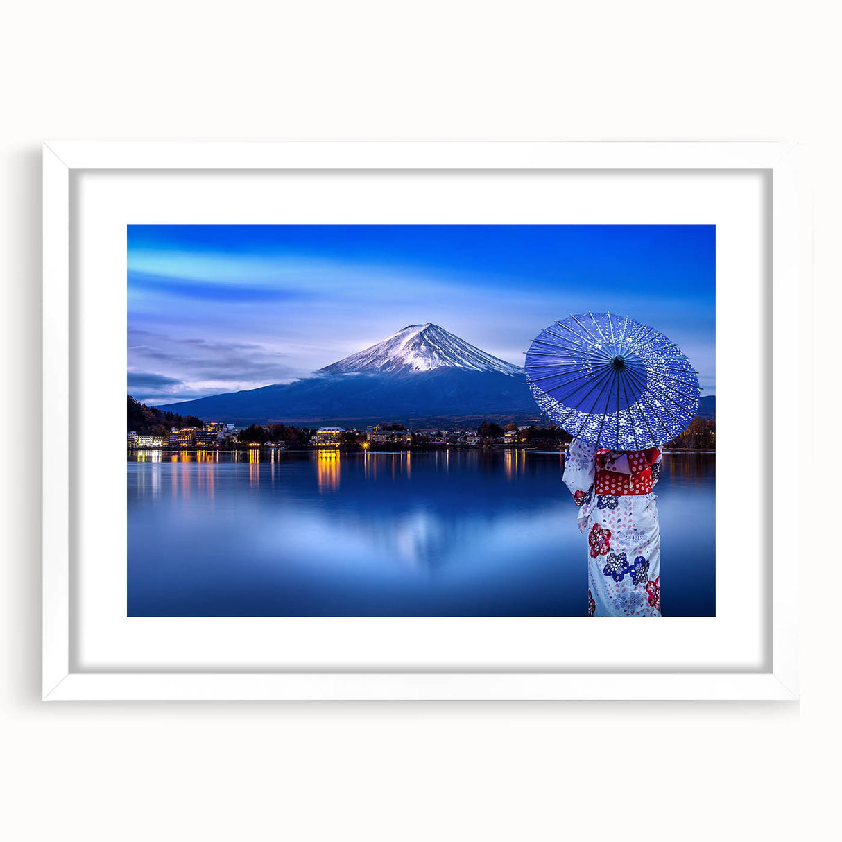 Abstract art print of a serene Japanese landscape in muted green and blue tones, framed with a white mat.