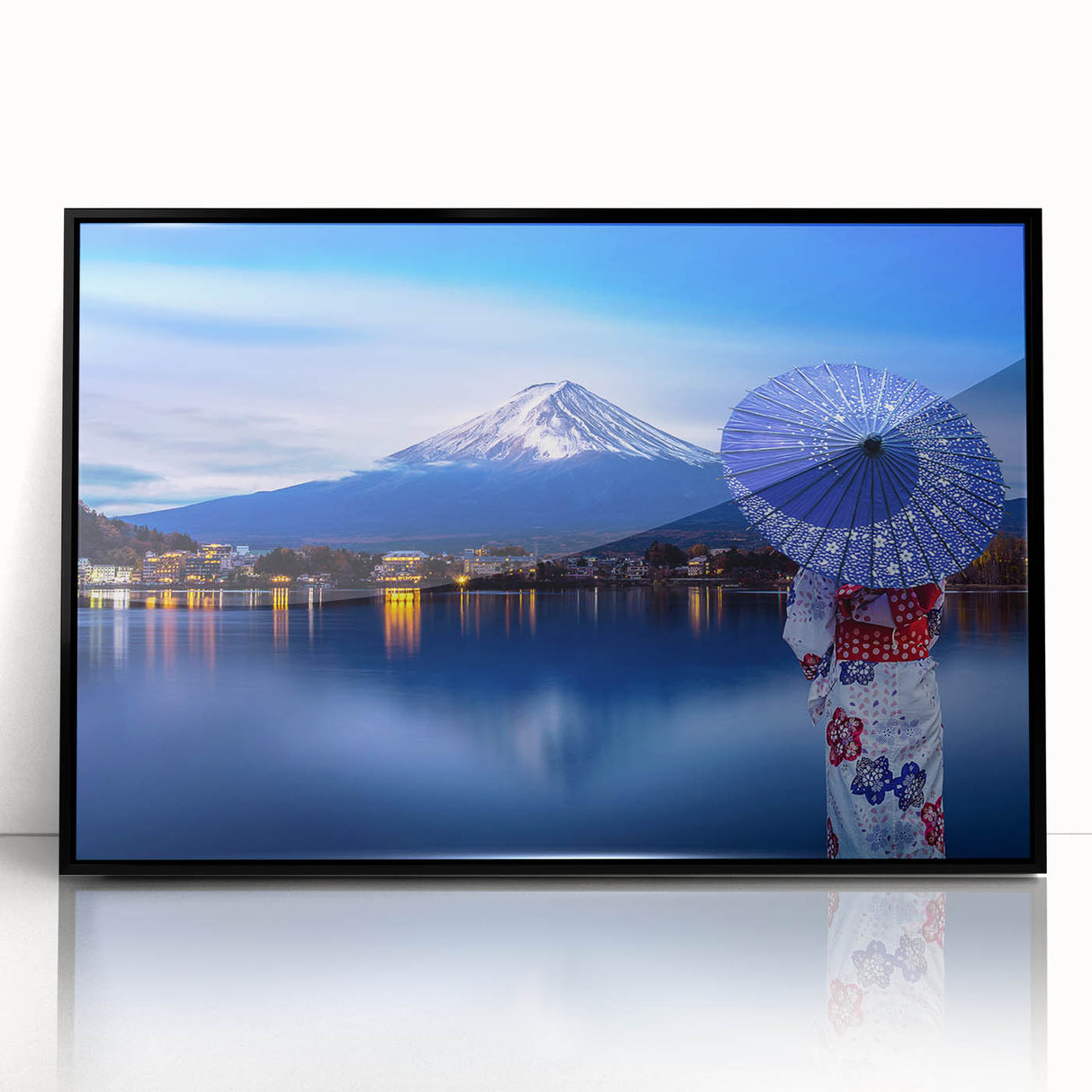 Large abstract wall art featuring a stylized Japanese landscape in muted gray and black tones, framed acrylic.