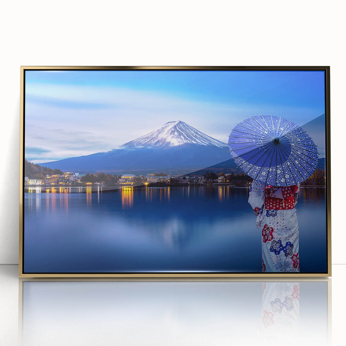 Large art print of a Japanese scenery in gold tones on framed acrylic, suitable for modern art wall decor.