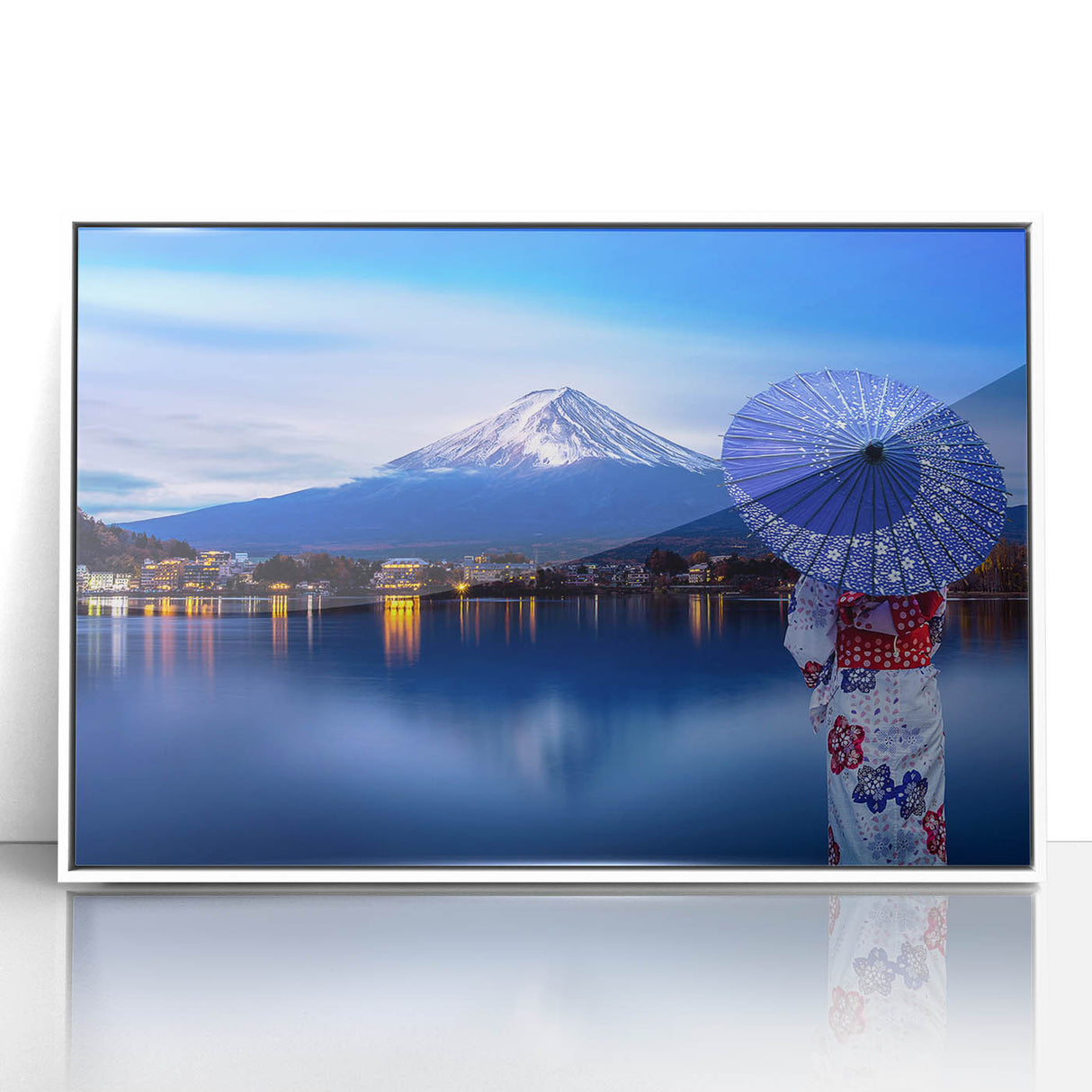 Acrylic print of a serene Japanese landscape in muted watercolor tones, framed in white.