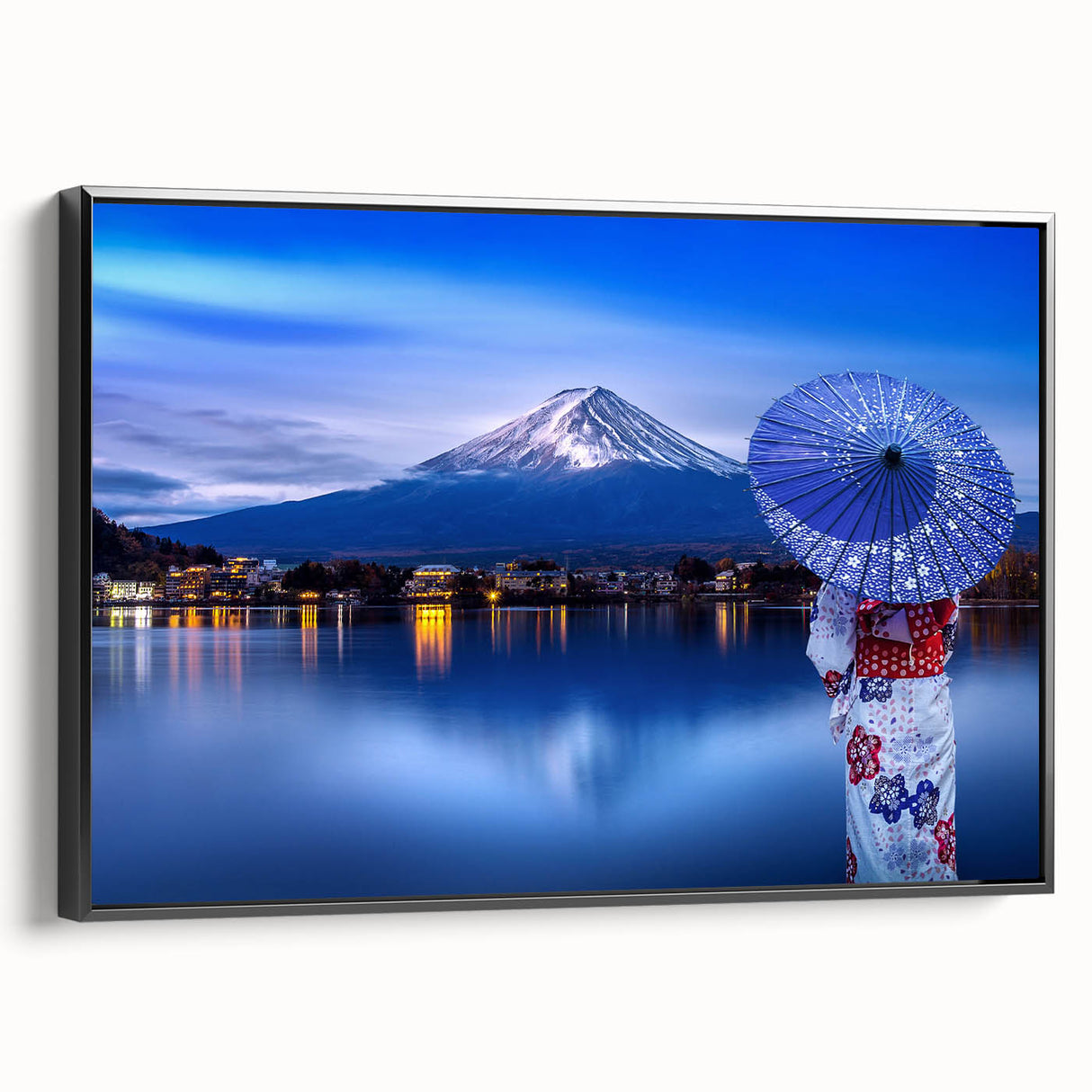 Black and white framed canvas depicting a vintage Japanese landscape, ideal for bedroom wall art.