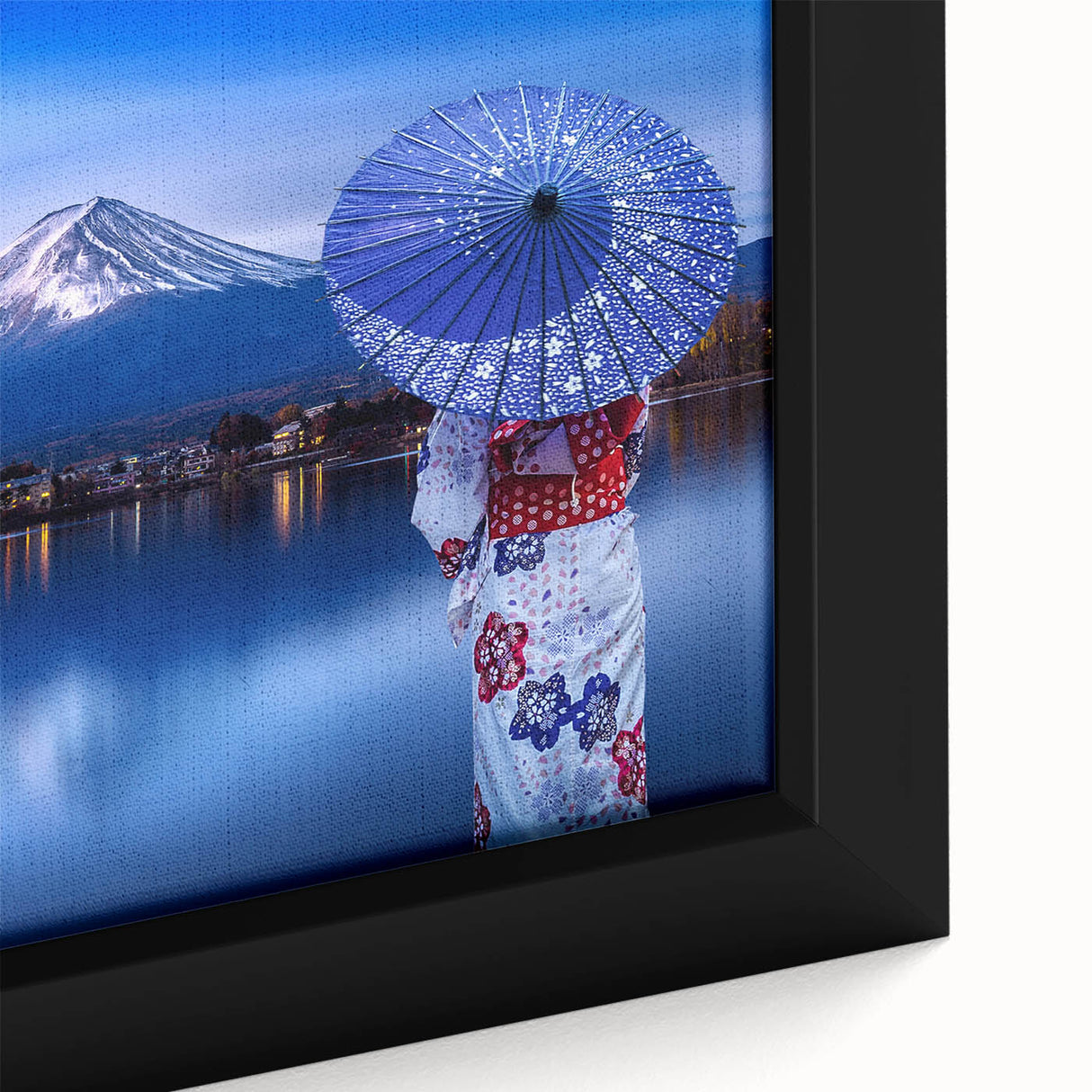 Extra large framed canvas featuring a textured depiction of a Japanese scenery in black with colorful accents.