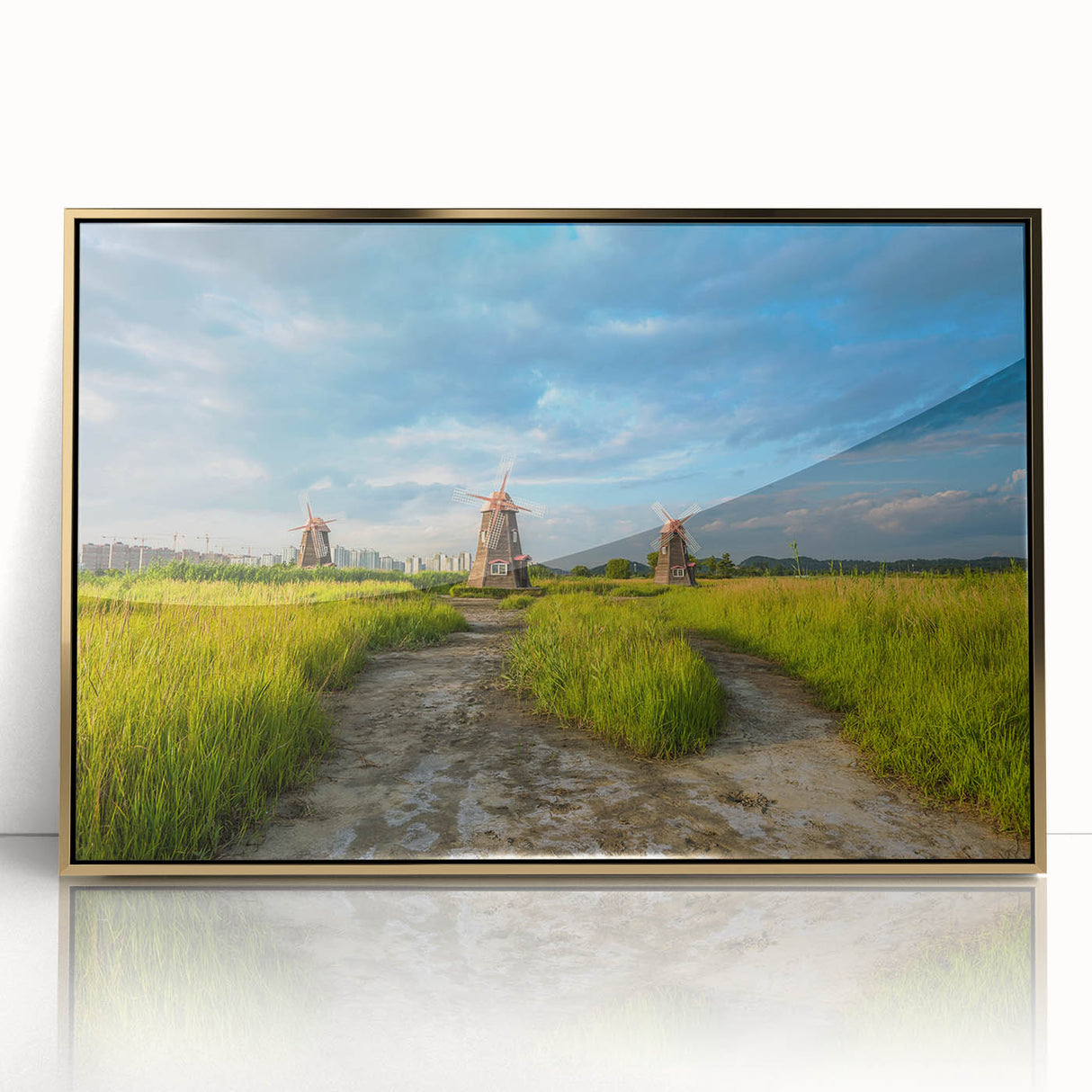 Mid-century modernist style large art print of a serene Korean landscape in muted earth tones, framed in gold acrylic.