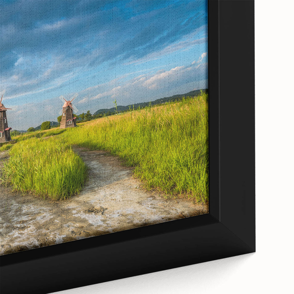 Extra large framed canvas featuring a textured, colorful abstract scene with prominent black elements.