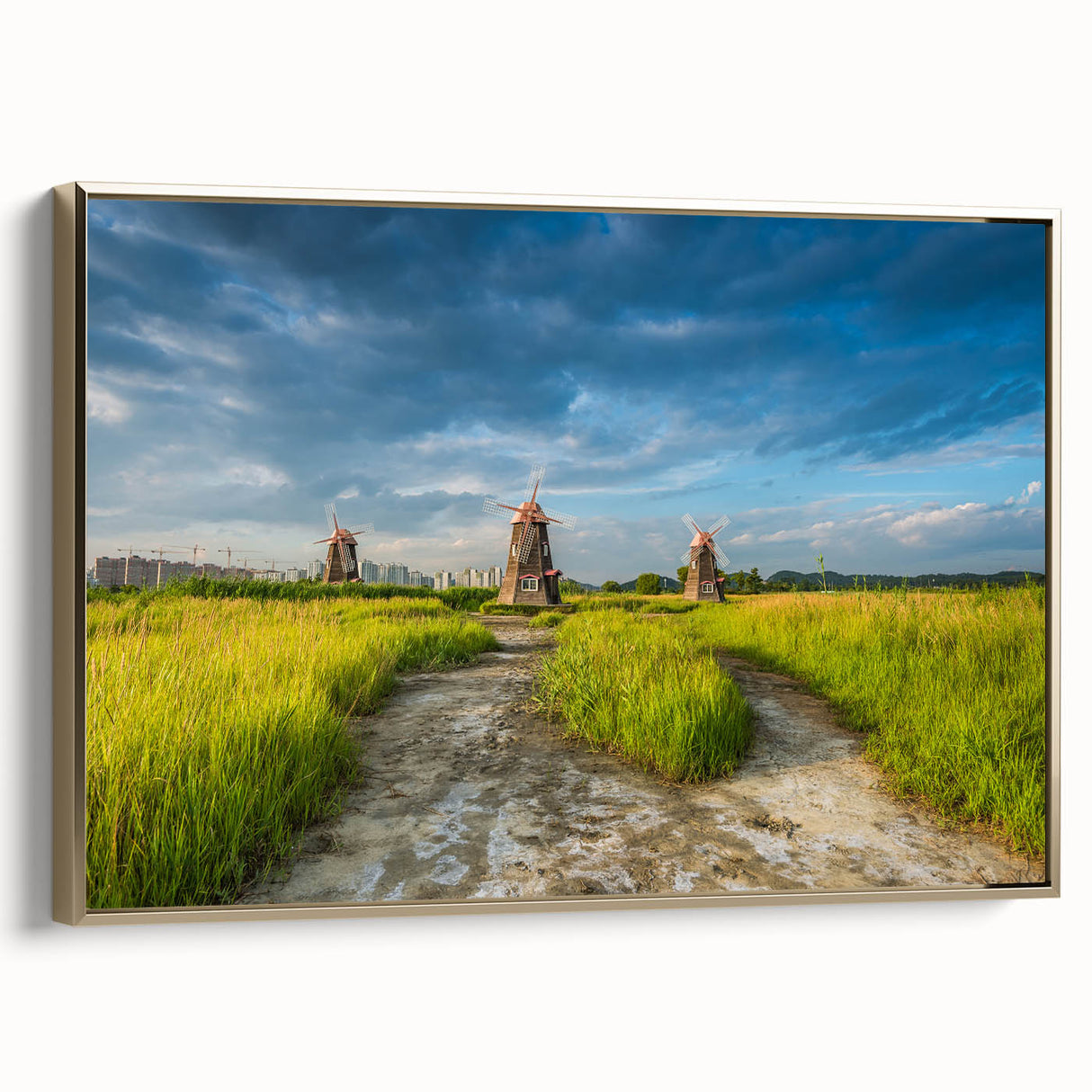 Framed canvas wall art depicting a vintage Korean landscape in black and gold tones, suitable for bedroom decor.