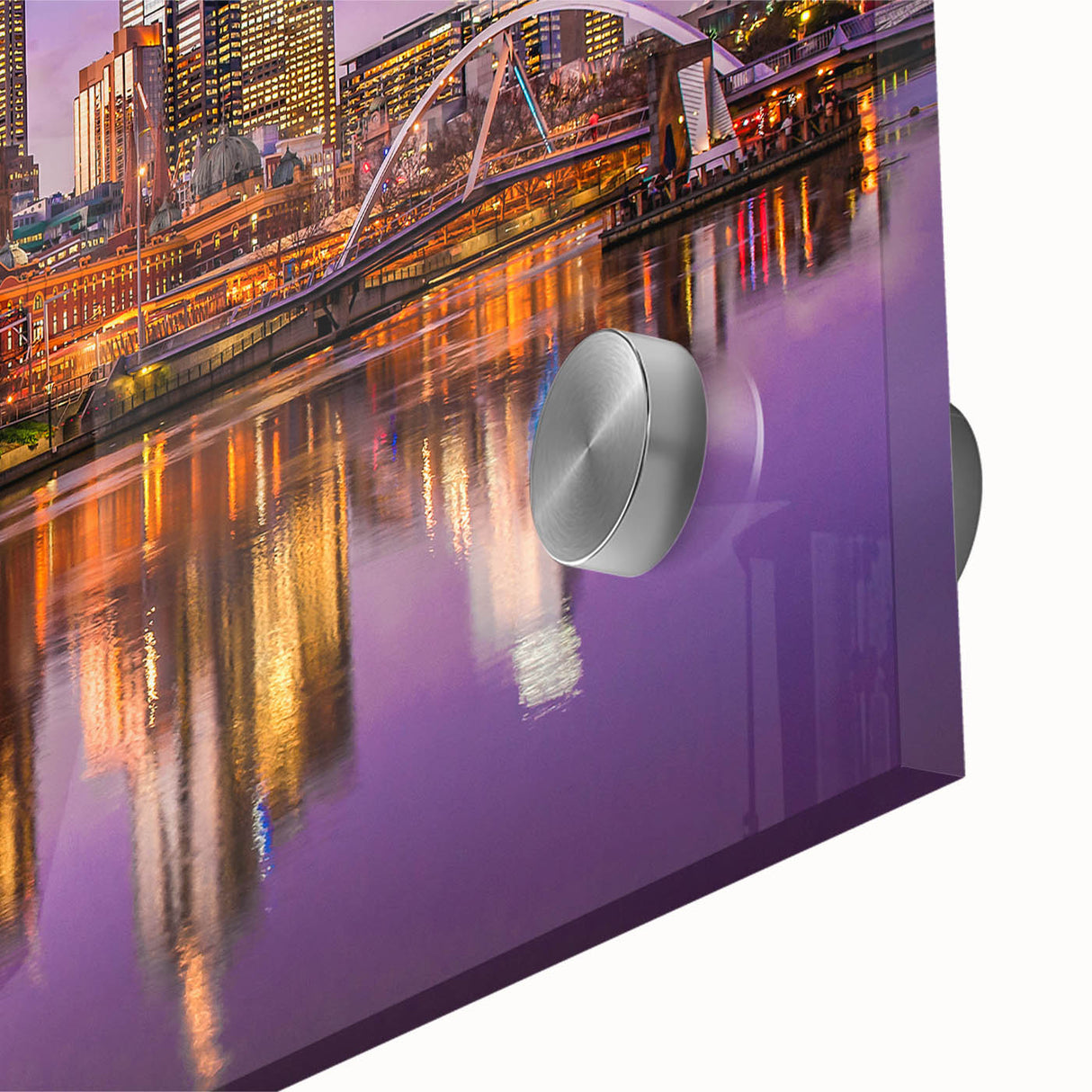 Large abstract wall art depicting Melbourne scenery in mid-century modernist style on acrylic glass.