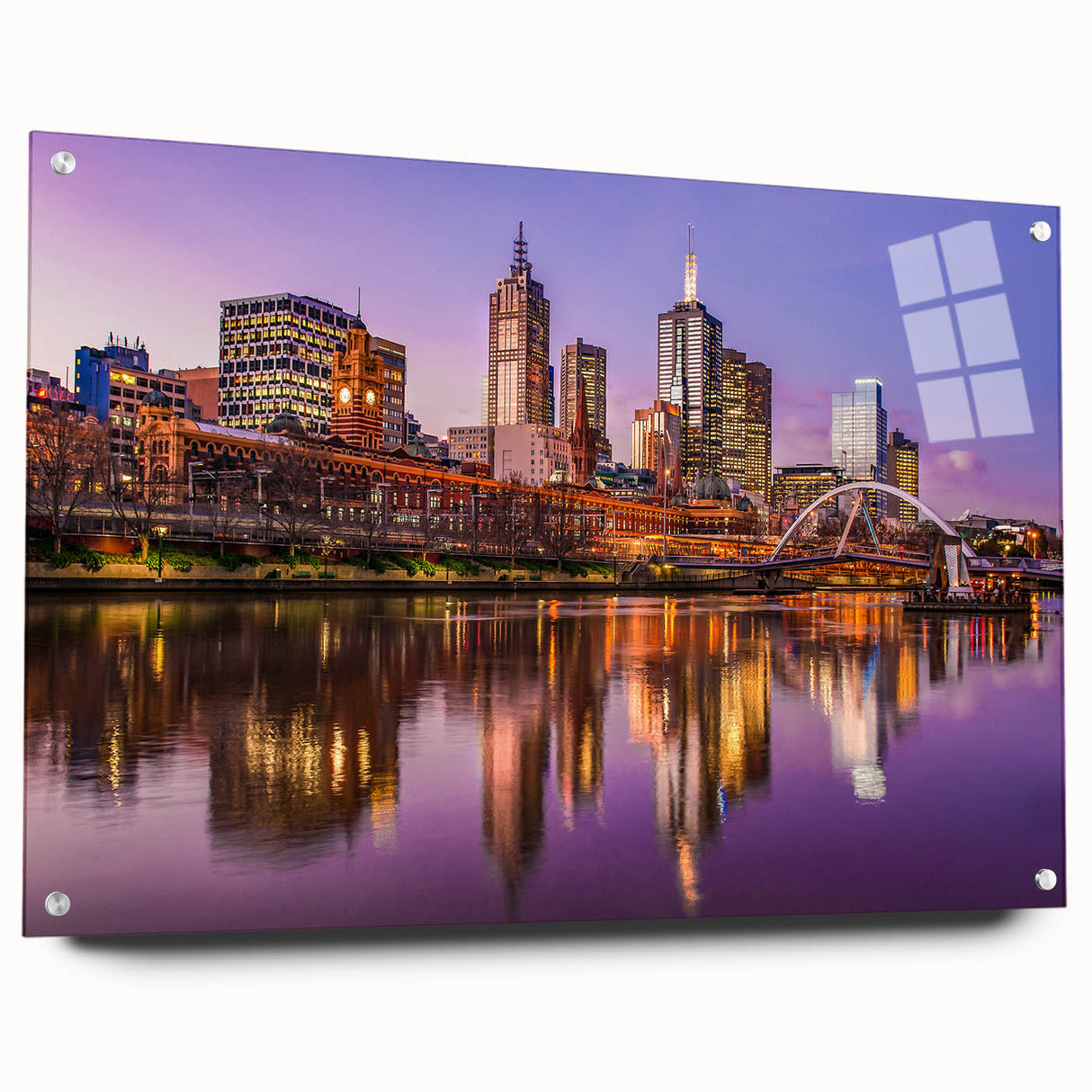 Acrylic print of a large abstract depiction of Melbourne in muted gray and blue tones.