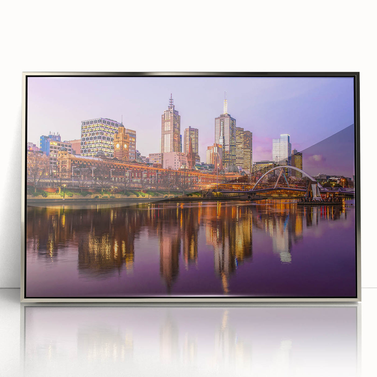 Art deco style Melbourne skyline in muted silver and gray tones on a framed acrylic, ideal for modern art wall decor.