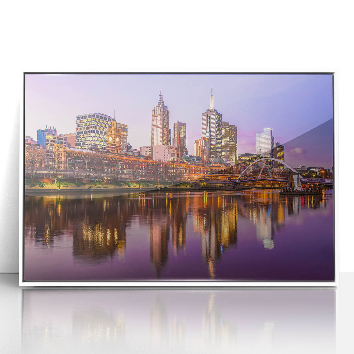 Large art print of Melbourne skyline in muted blue tones on white framed acrylic, ideal for modern art wall decor.