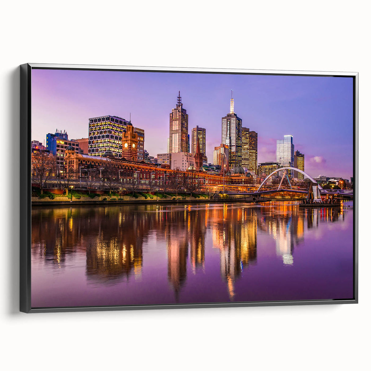 Black and white framed canvas of Melbourne landscape, featuring vintage poster art style, ideal for bedroom wall decor.
