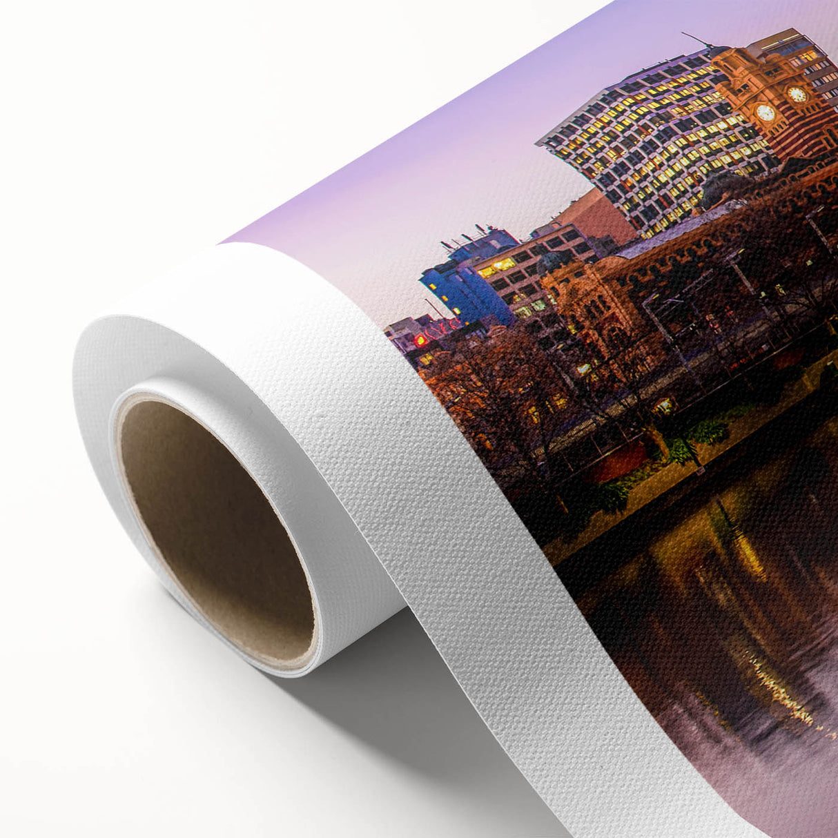 Art deco poster of Melbourne skyline in pastel shades on rolled canvas, suitable as nursery wall art or art wall dining room.