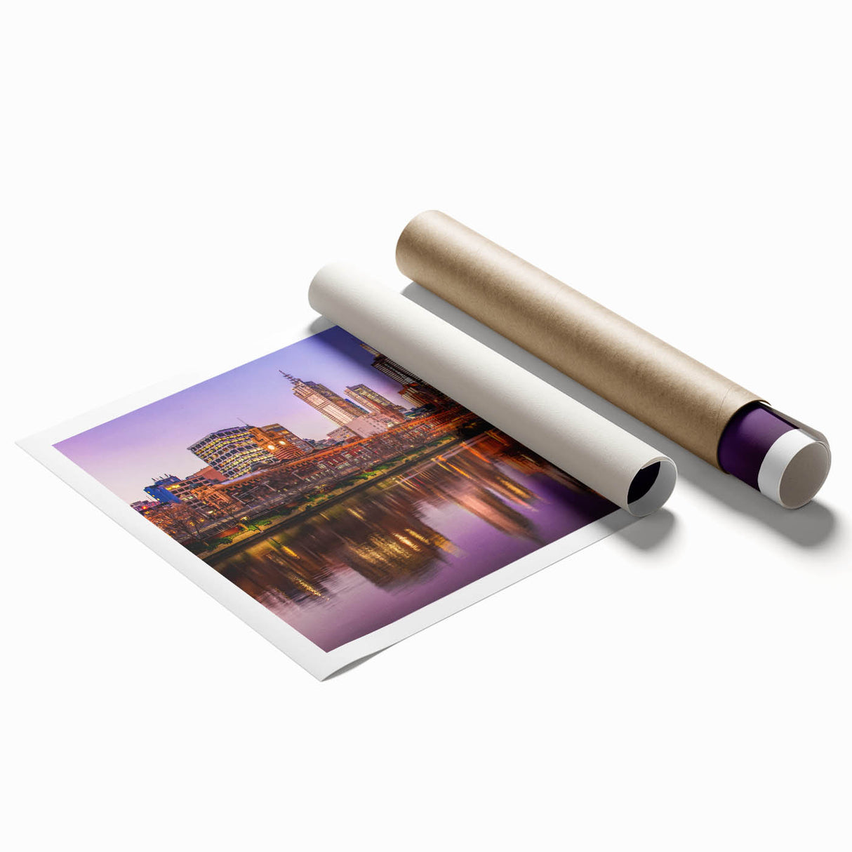 Extra large rolled print of Melbourne scenery with floral elements in soft pastel hues.