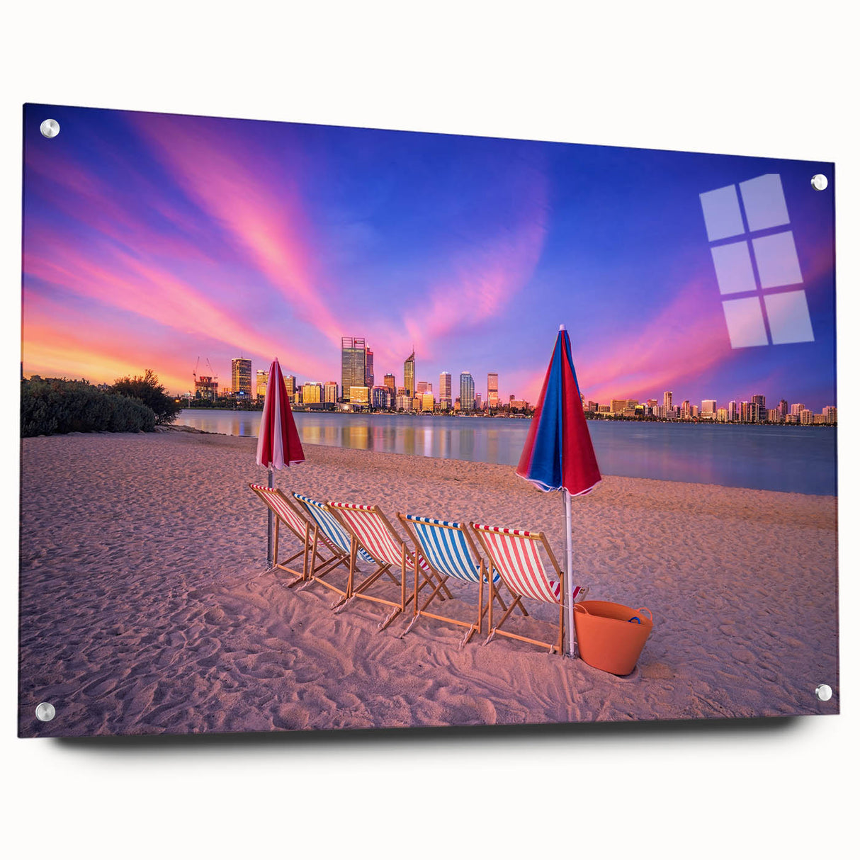 Acrylic print of Perth scenery with vibrant twilight hues, ideal for dining room decor.