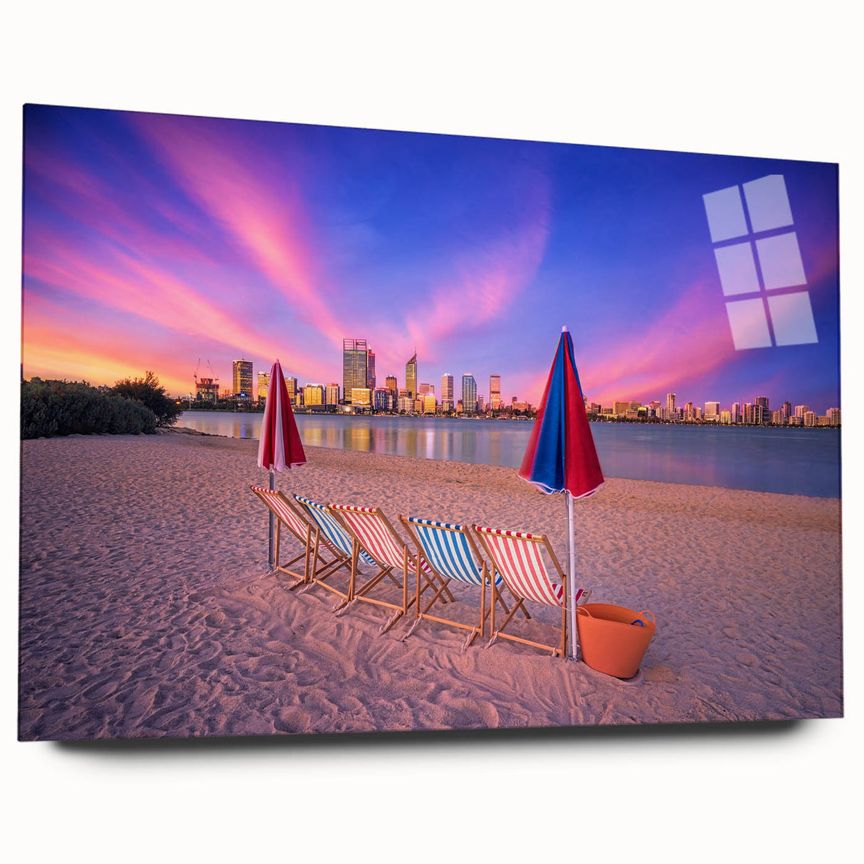 Large abstract depiction of Perth landscape on acrylic glass, in cool blue and green tones.