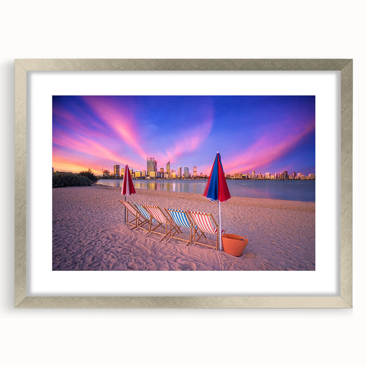 Abstract art print of Perth scenery in muted blue and green tones on a framed silver mat.