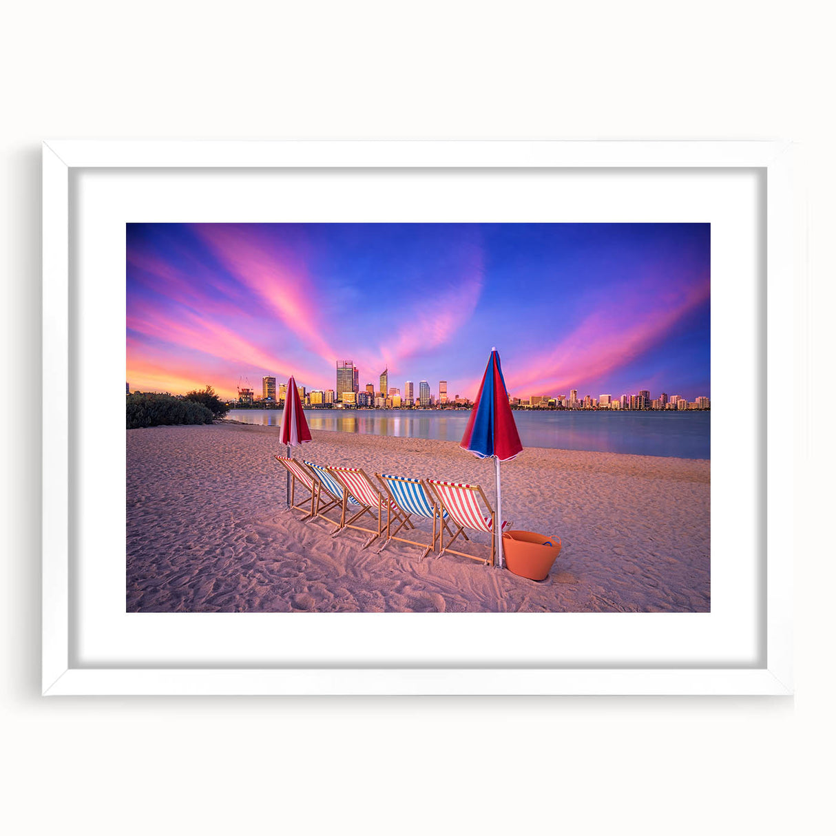 Extra large abstract art print of Perth scenery in textured style, with muted earth tones on a white-framed canvas.