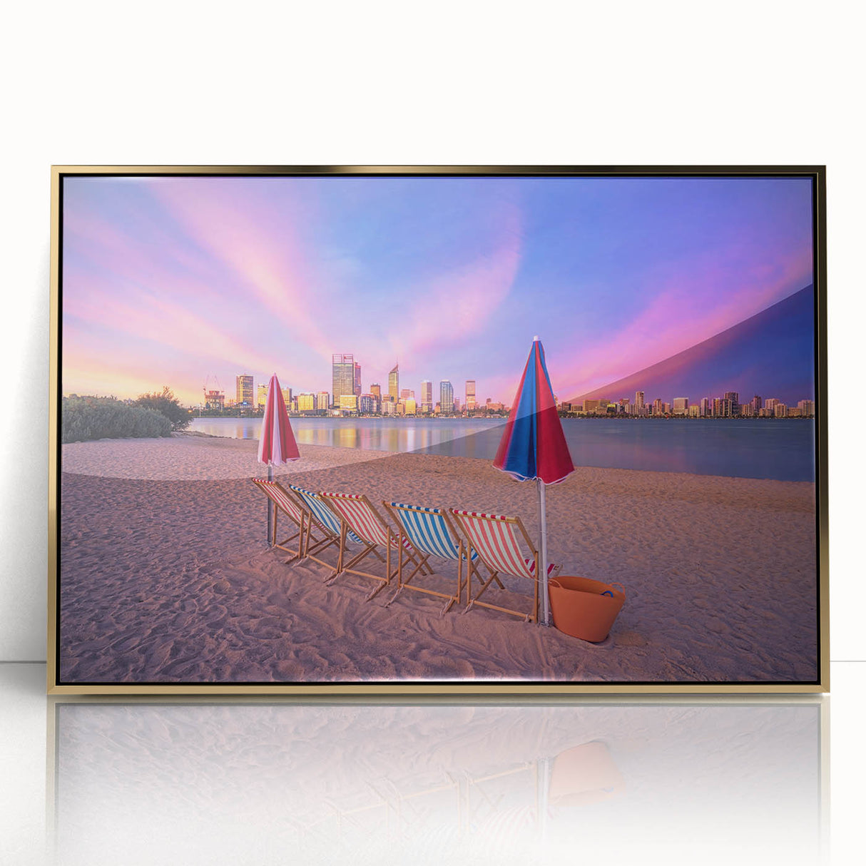 Mid-century modernist art of Perth skyline in gold and blue tones on framed acrylic, suitable for nursery wall decor.