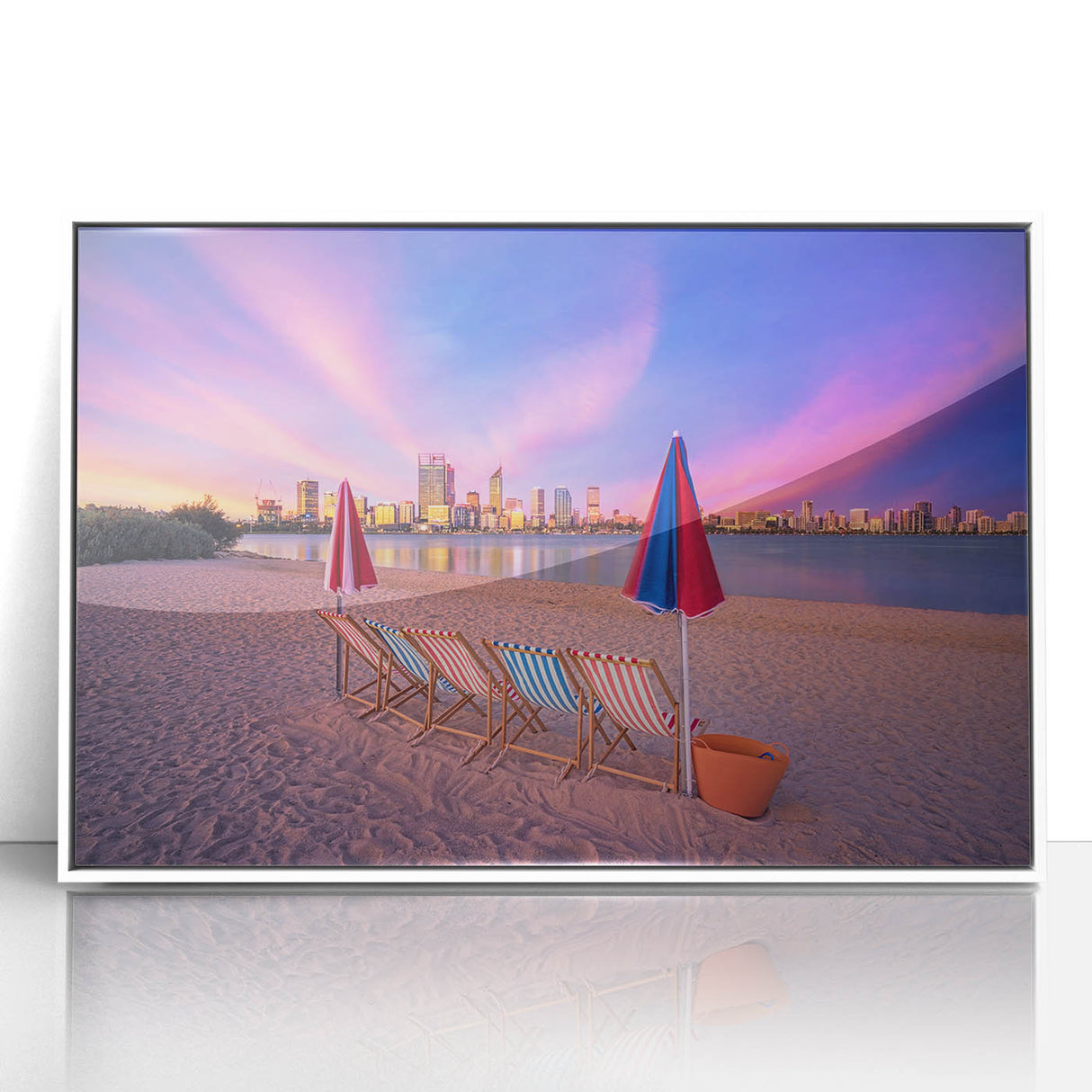 Framed acrylic print of Perth skyline in muted pastel colors, suitable for modern nursery wall art.