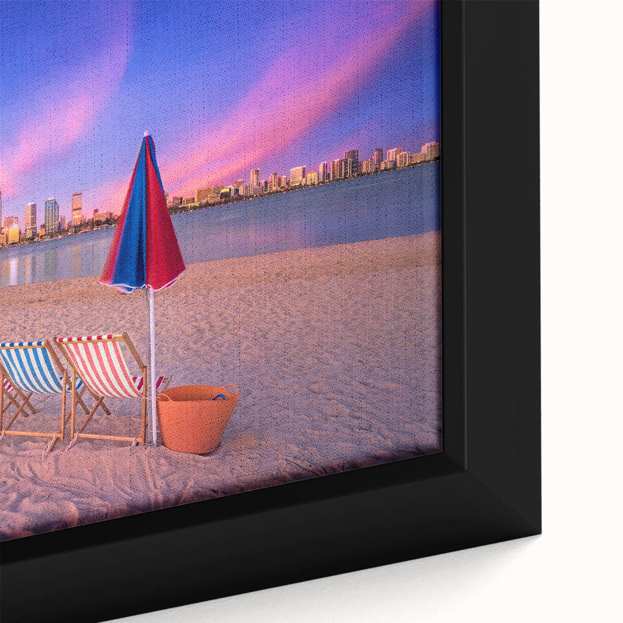 Extra large framed canvas depicting a textured scene of Perth, Australia in black with colorful accents.