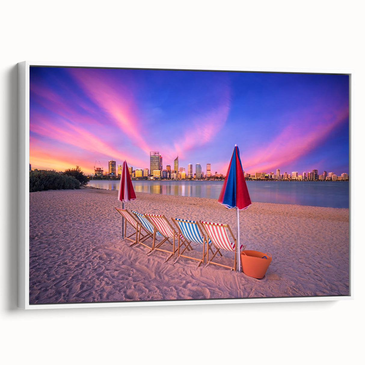 Framed canvas depicting a vintage-style Perth landscape in black and white tones, ideal for bedroom wall art.