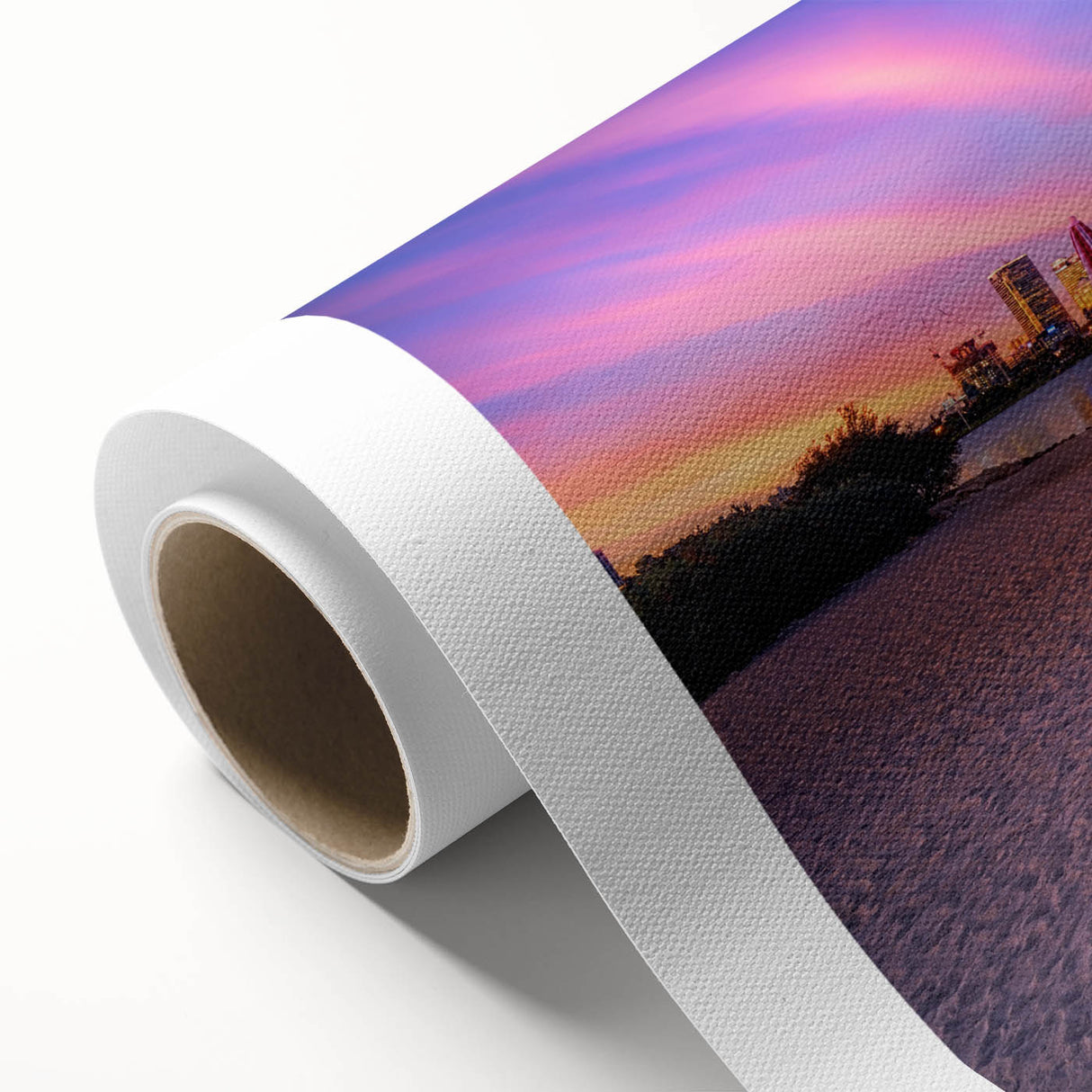 Art Deco style poster of Perth skyline in pastel shades on rolled canvas, suitable as nursery wall art or for dining room.