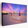 Large stretched canvas depicting the Perth skyline in muted blue and gray tones, ideal for kitchen wall art.