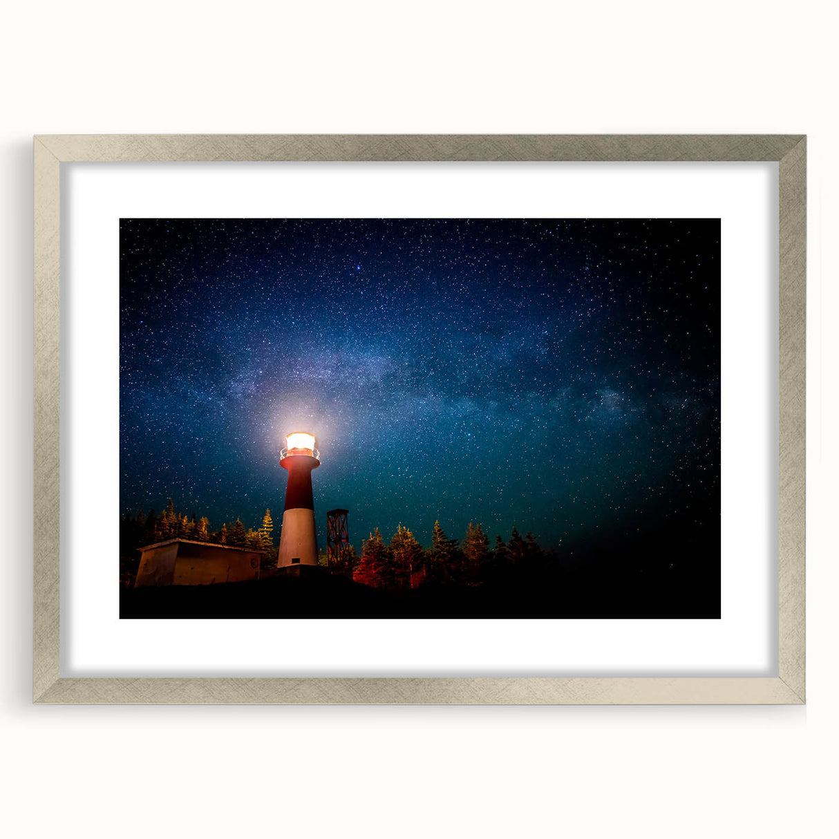 Textured abstract art print of New Brunswick scenery in muted earth tones, framed in silver, ideal for bedroom art.