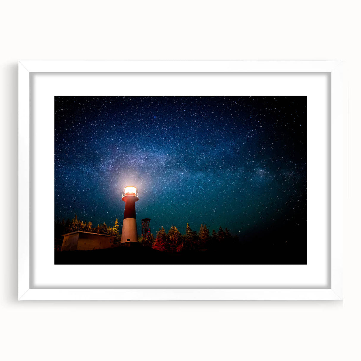 Abstract art print of New Brunswick scenery in muted blue and green tones, framed with a white mat.