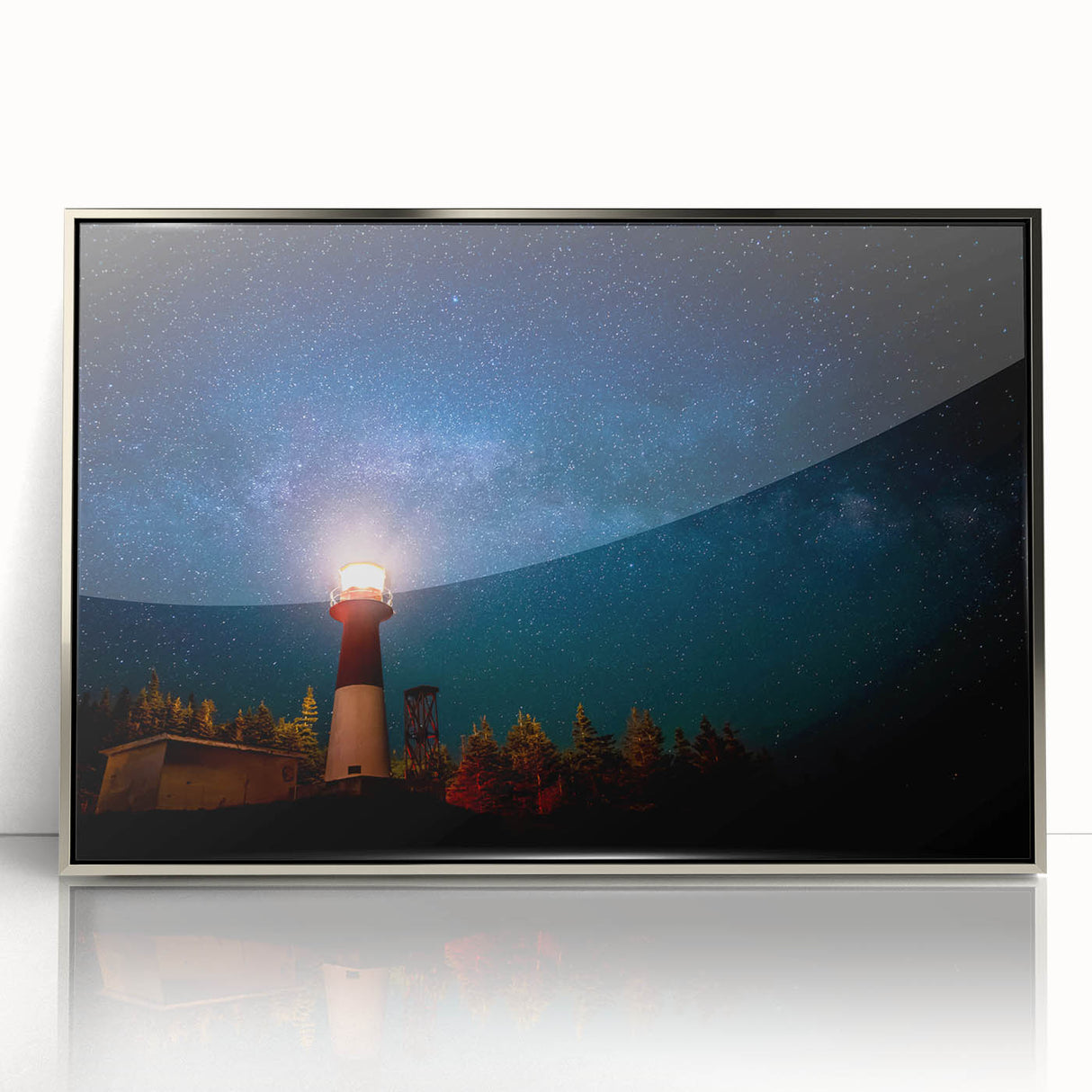 Mid-century modernist art depicting a serene New Brunswick landscape in muted earth tones, framed in acrylic.