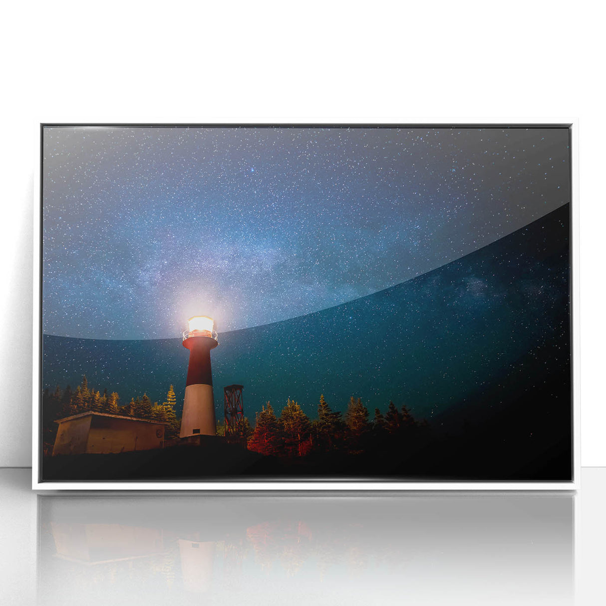 Art deco poster depicting a serene New Brunswick landscape in muted green and blue tones, framed in white acrylic.