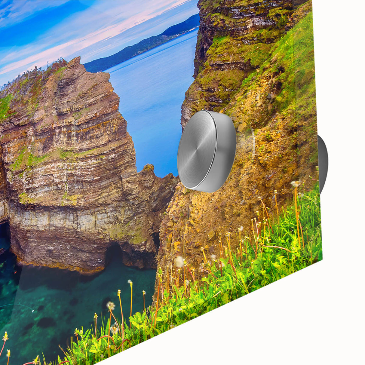 Large abstract wall art of Newfoundland scenery in muted earth tones on acrylic glass, suited for dining room ambiance.