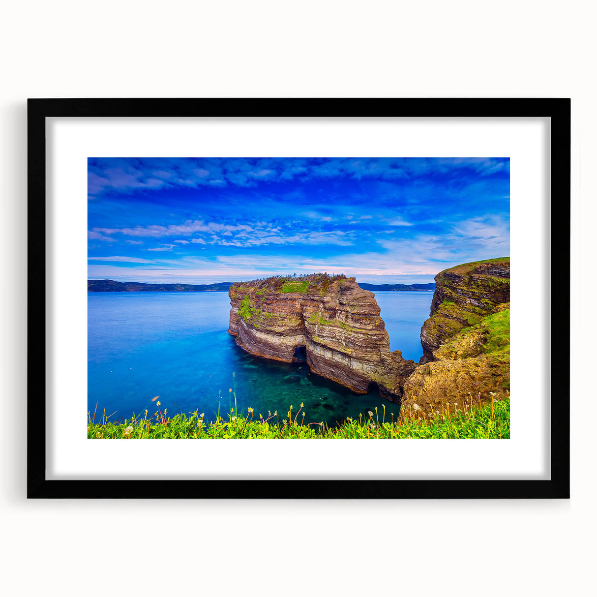 Abstract art print of colorful, textured scenery in Newfoundland on a large framed canvas, ideal for living room decor.