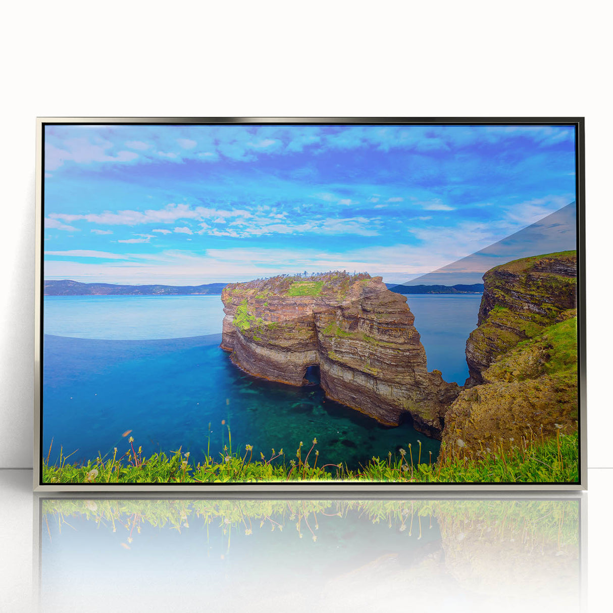 Mid-century modernist art depicting Newfoundland scenery in muted earth tones on a framed acrylic print.