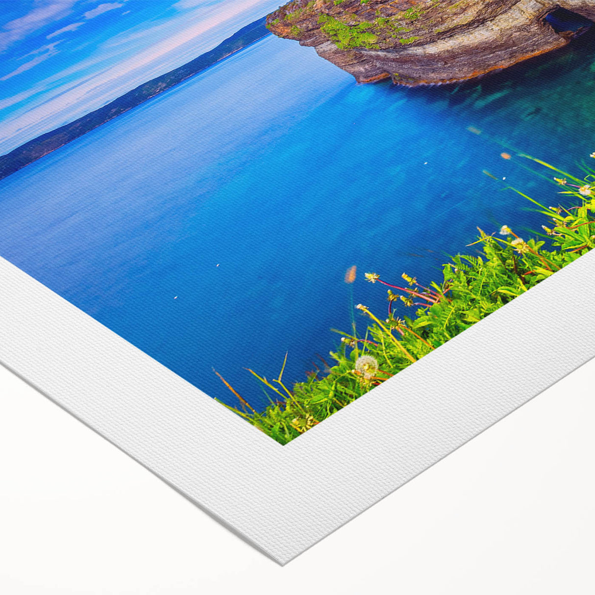 Art deco poster of Newfoundland scenery in muted blues and greens on rolled canvas, suitable for dining room wall art.