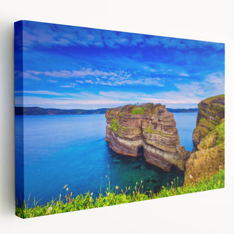 Scenic Newfoundland landscape on a large stretched canvas, featuring cool blue and green tones, ideal for kitchen wall art.