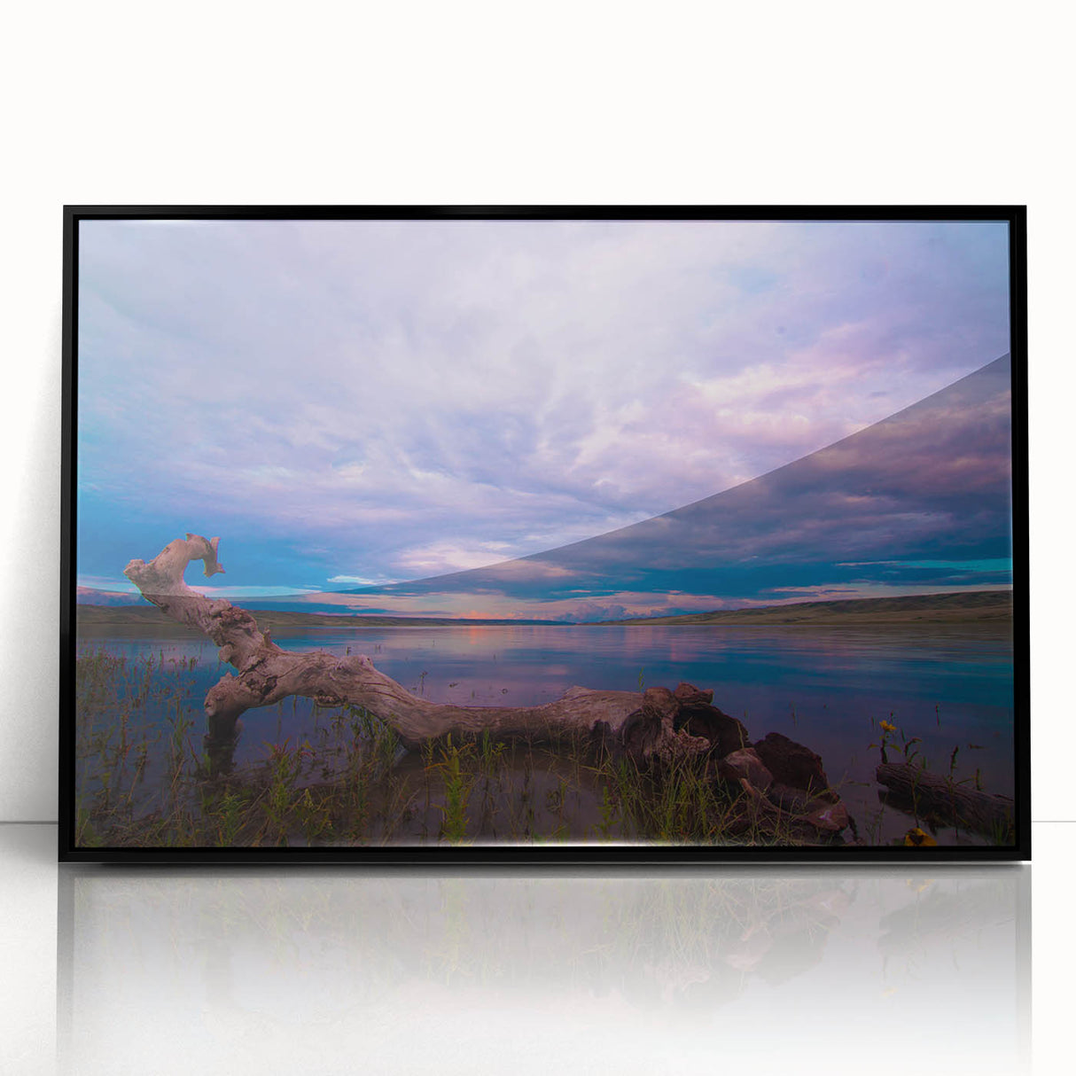 Large abstract wall art depicting a serene Saskatchewan landscape in muted earth tones, framed in black acrylic.