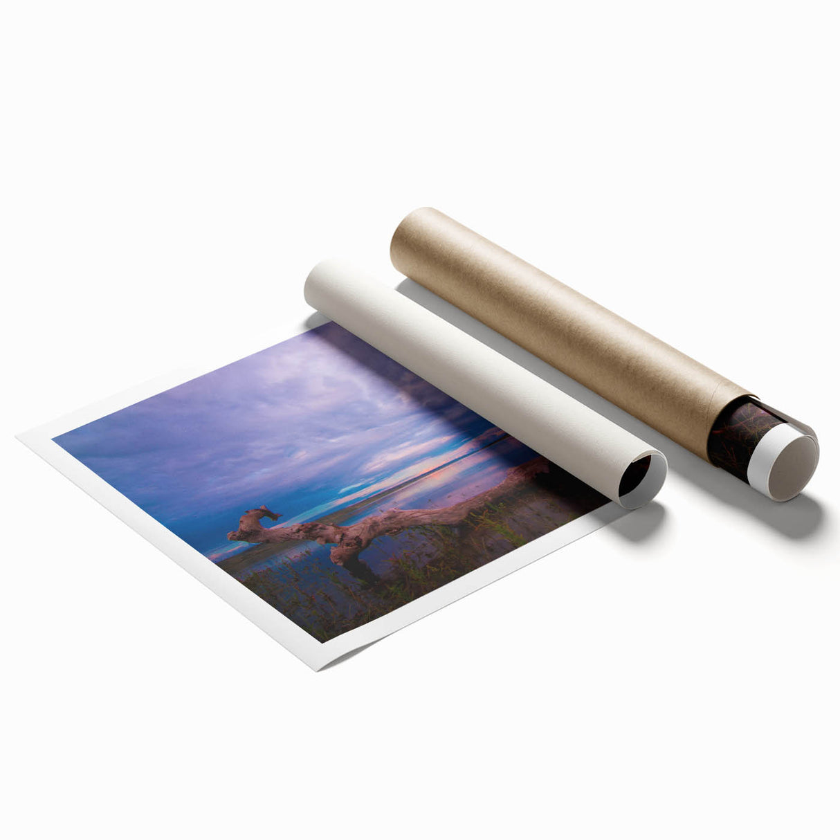 Rolled print of a serene Saskatchewan landscape with vibrant green and blue tones, ideal for classy bathroom wall art.