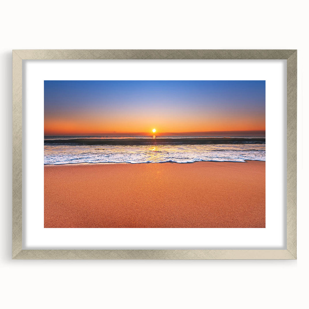 Extra large abstract art print featuring textured waves in blue and white tones, framed in silver.