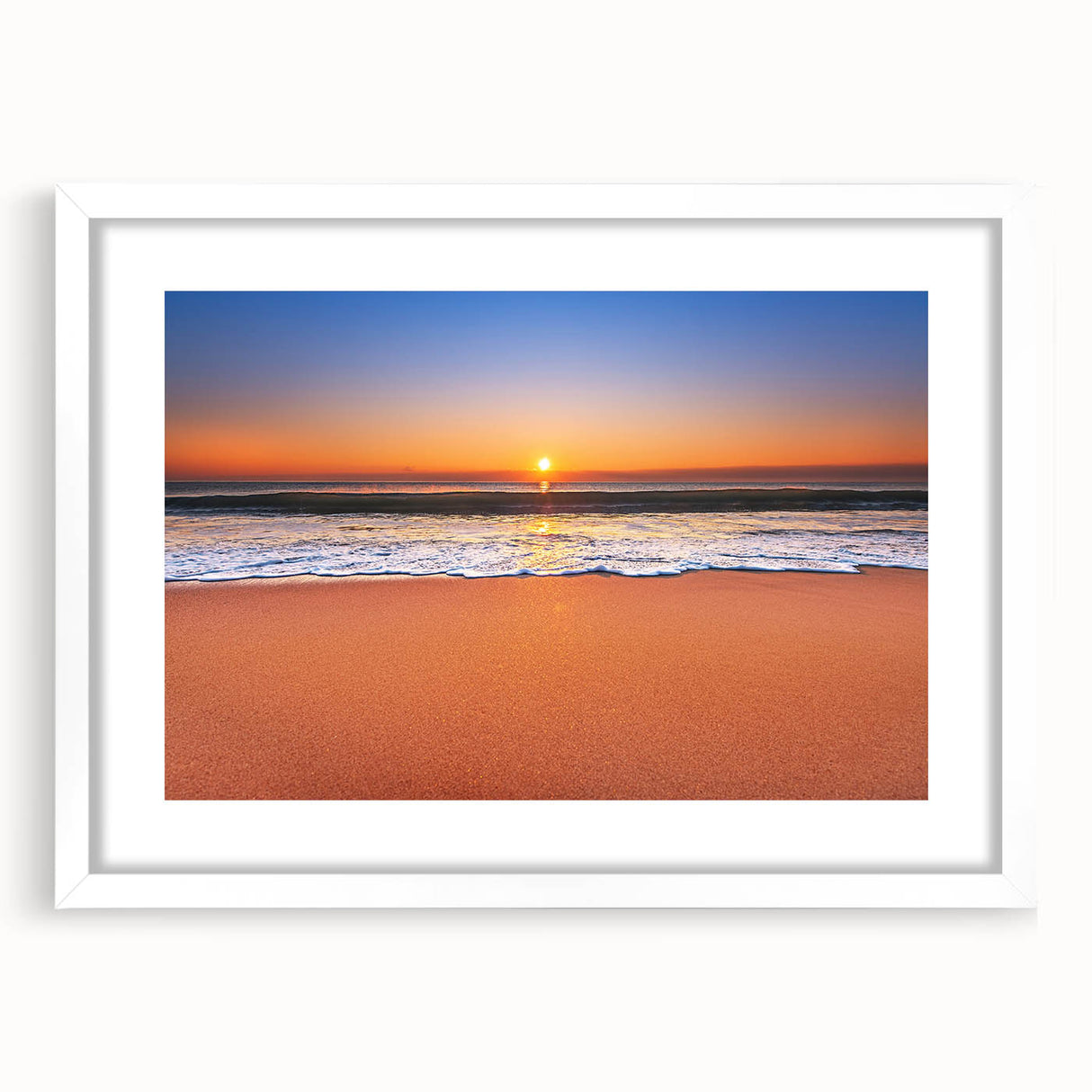 Textured abstract art print of a Caribbean seascape in muted blue and green tones on a framed white mat.