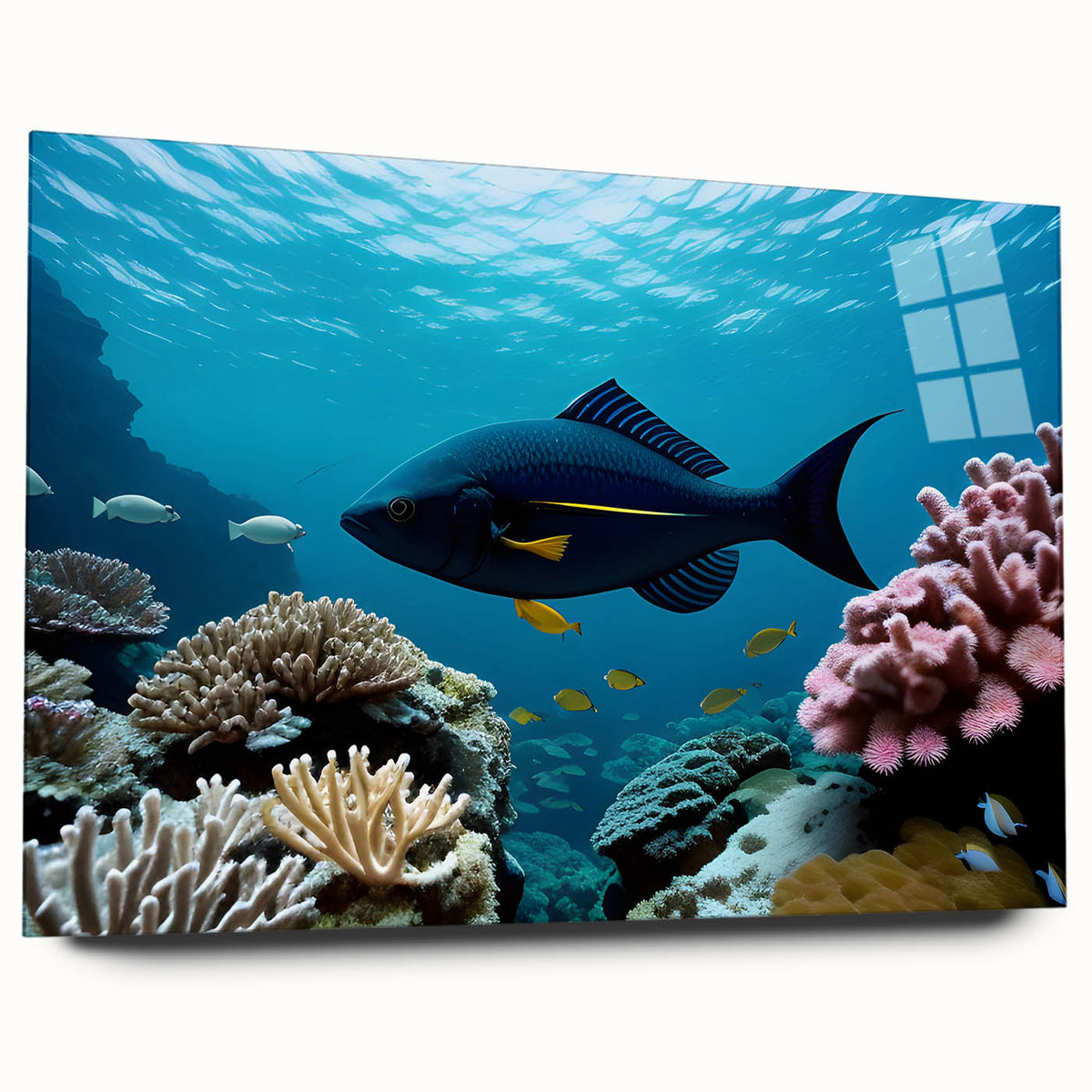 Large abstract wall art depicting Caribbean scenery in blue and green tones on acrylic glass.