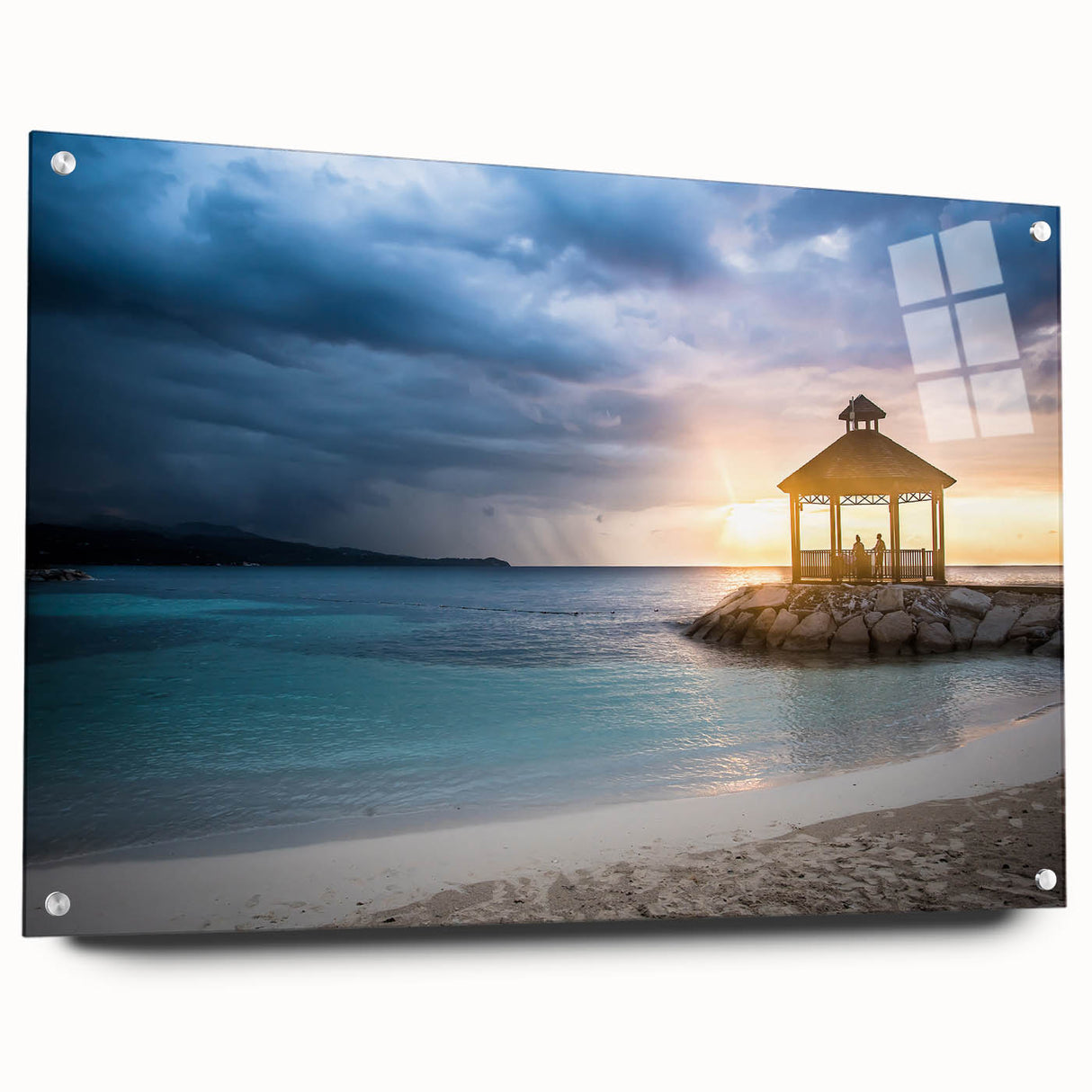 Acrylic print of a Caribbean seascape with vibrant blue and turquoise tones, ideal for dining room decor.