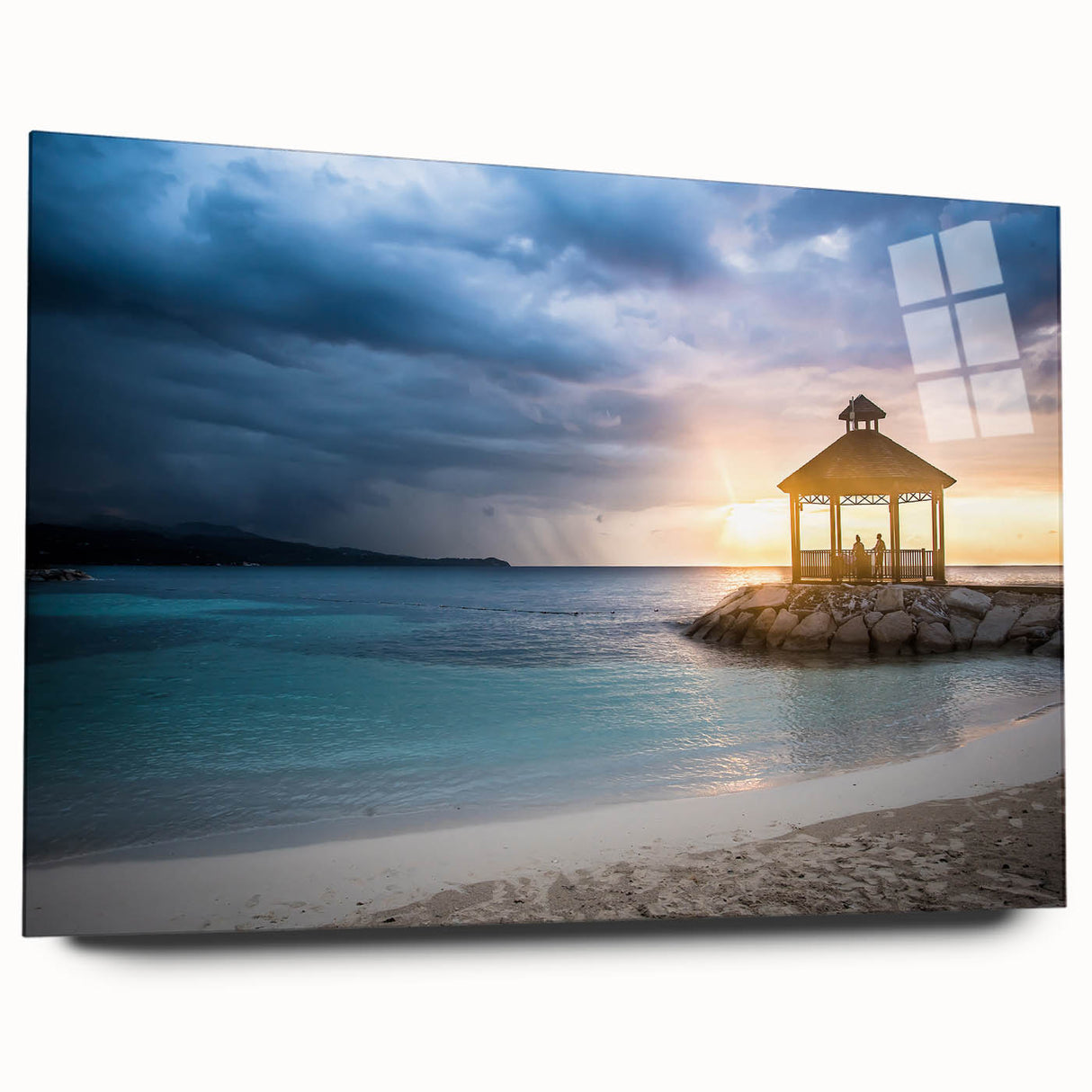 Large abstract wall art of a Caribbean scene on acrylic glass, featuring vibrant blue and green tones.